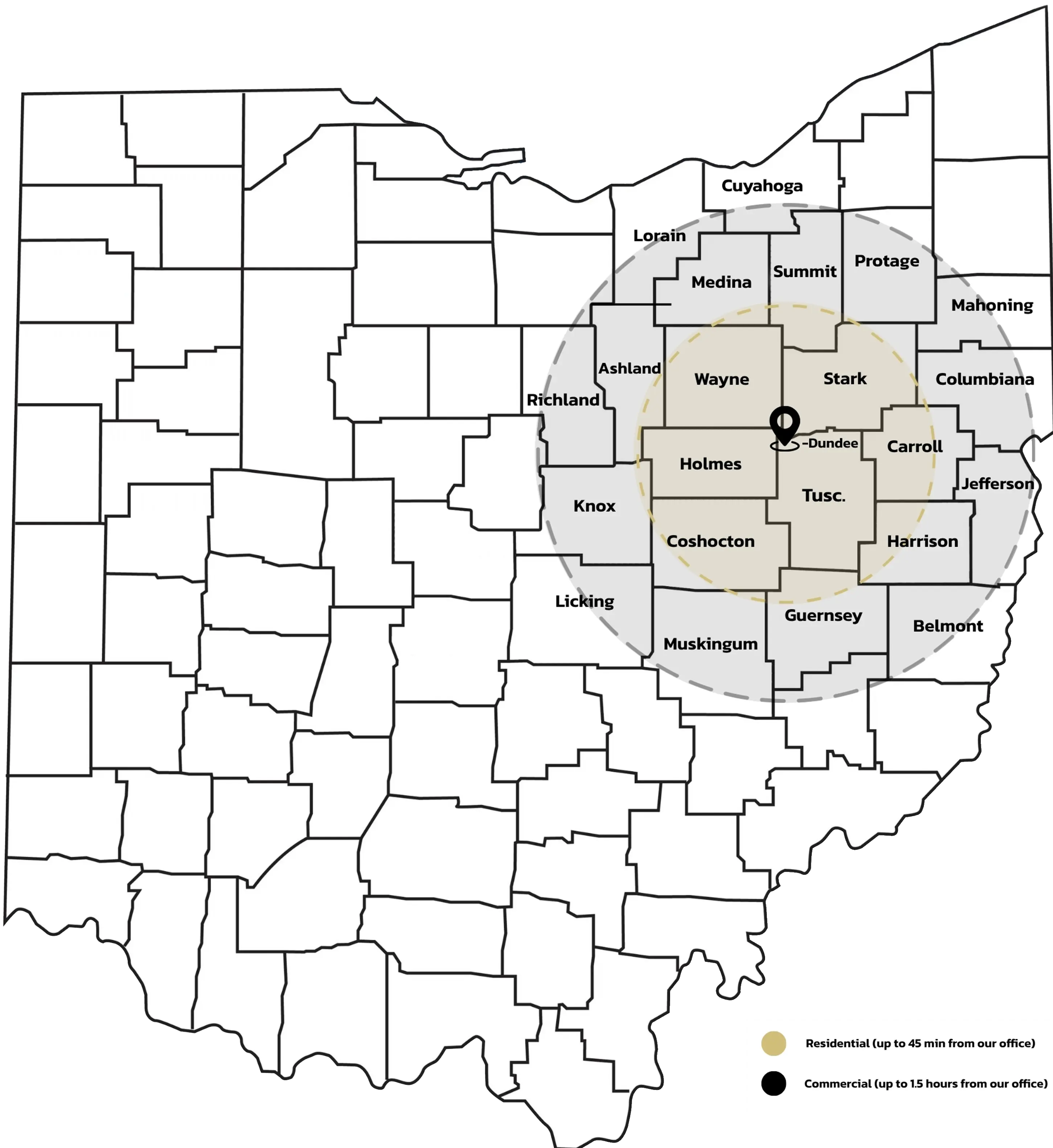 Map of Ohio counties showing residential service area (45 min) and commercial (1.5 hours) from Dundee.