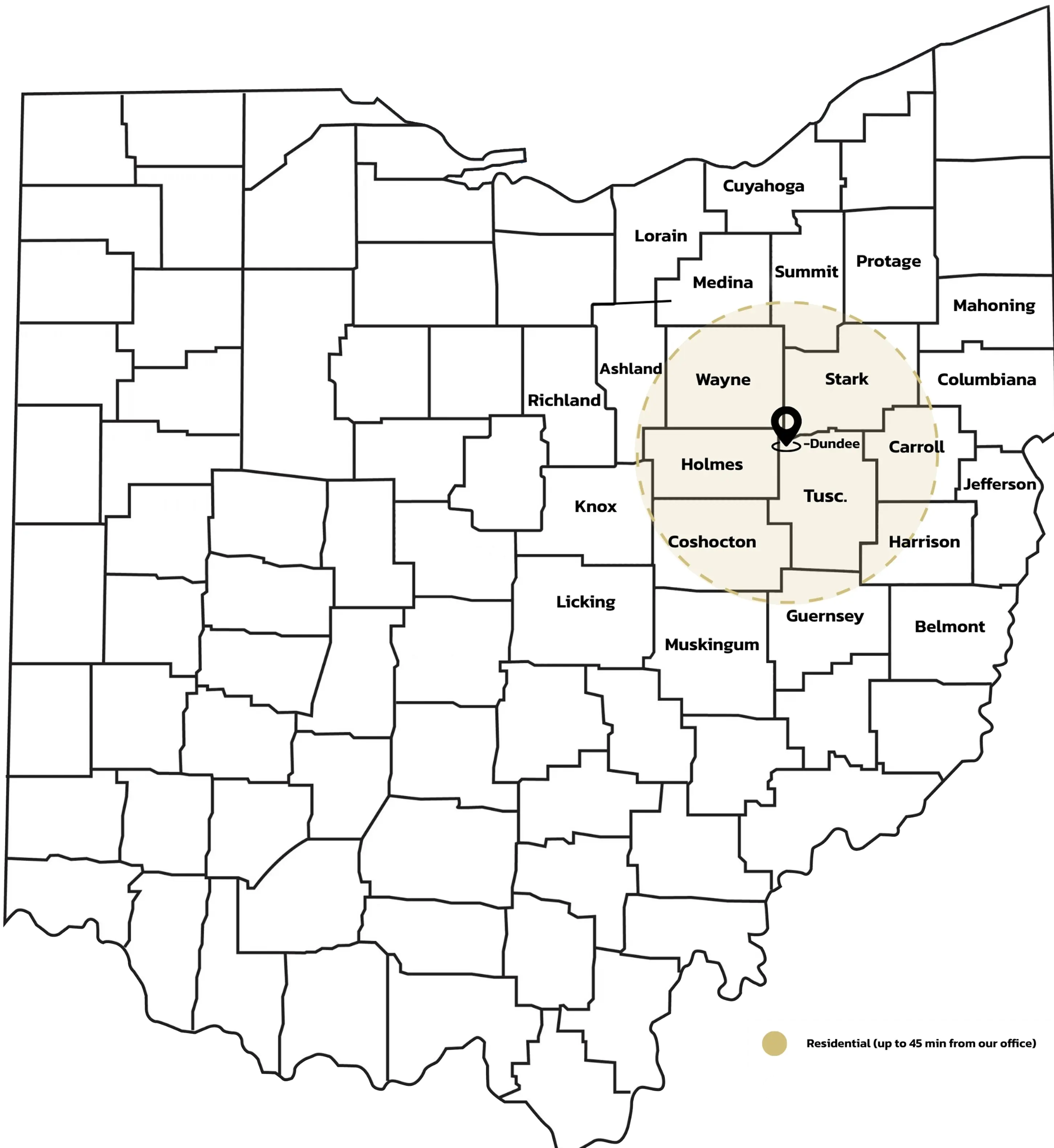 Ohio map highlighting a circle around Wayne, Stark, Holmes, Tuscarawas, and surrounding counties near Dundee