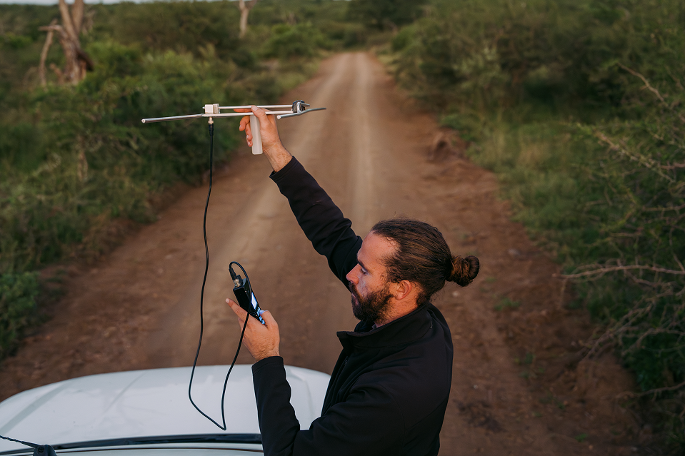 A male wildlife researcher tracking signals from the roof of a vehicle, holding a radio antenna and receiver.