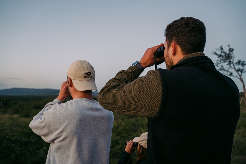 Two researchers, viewed from behind, stand on a hill looking through binoculars over a field at dusk.