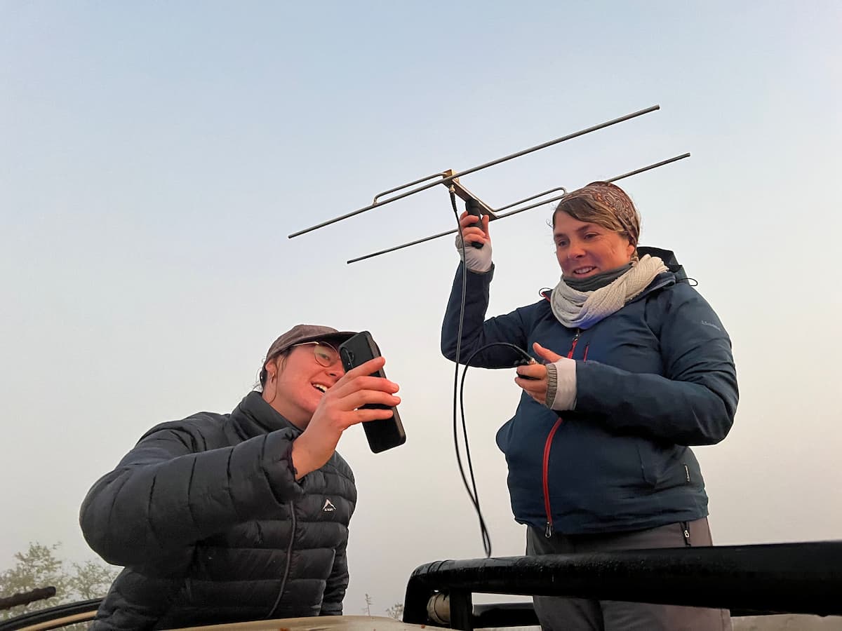 A wildlife monitor guides a volunteer in using VHF telemetry to track wildlife