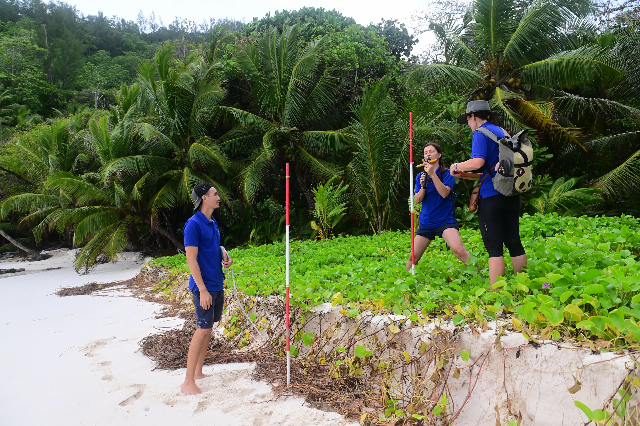 Ecotourists map a beach on North Island, Seychelles.