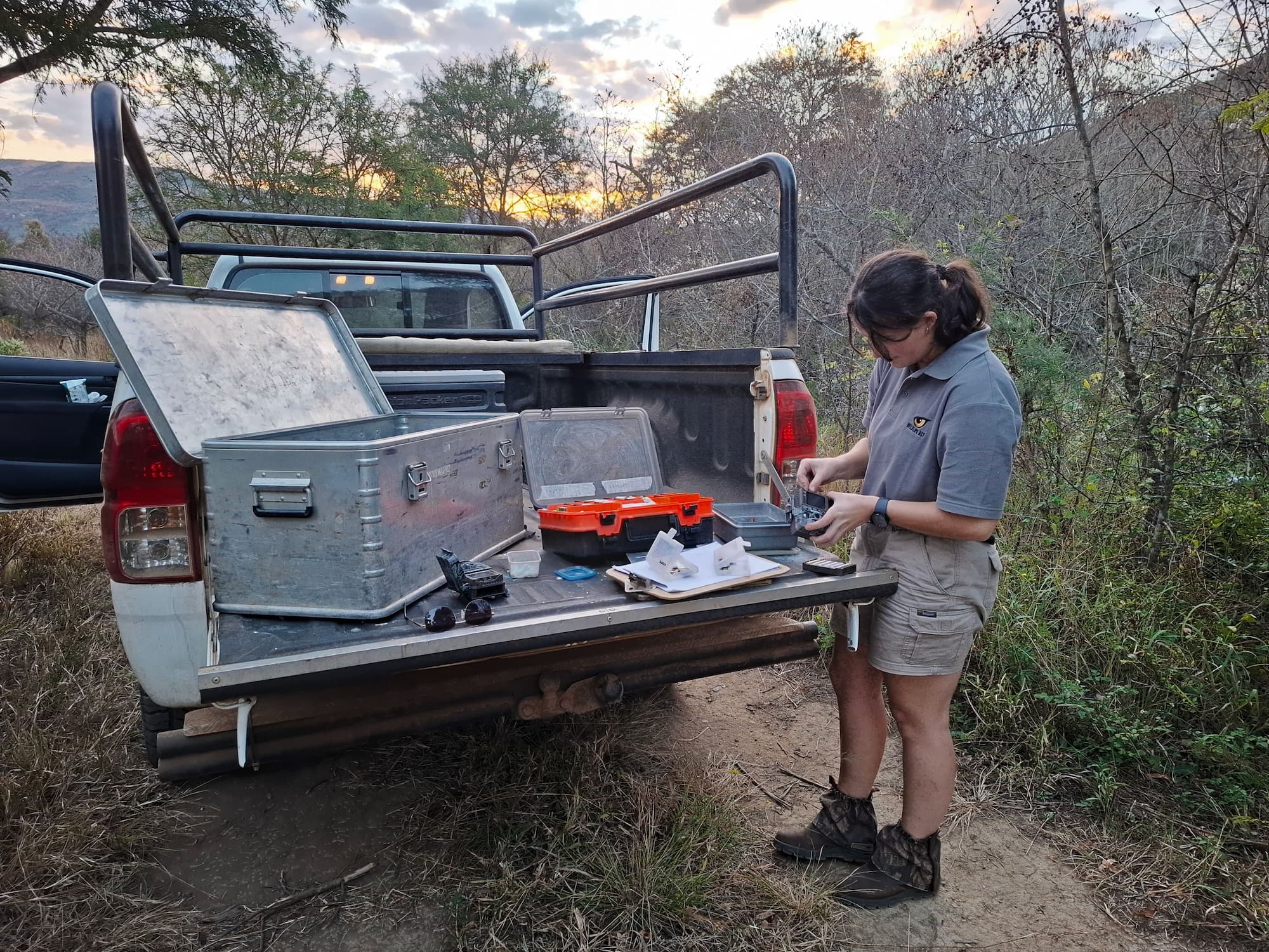 Wildlife ACT team member preparing camera trap equipment for Leopard monitoring survey in KwaZulu-Natal