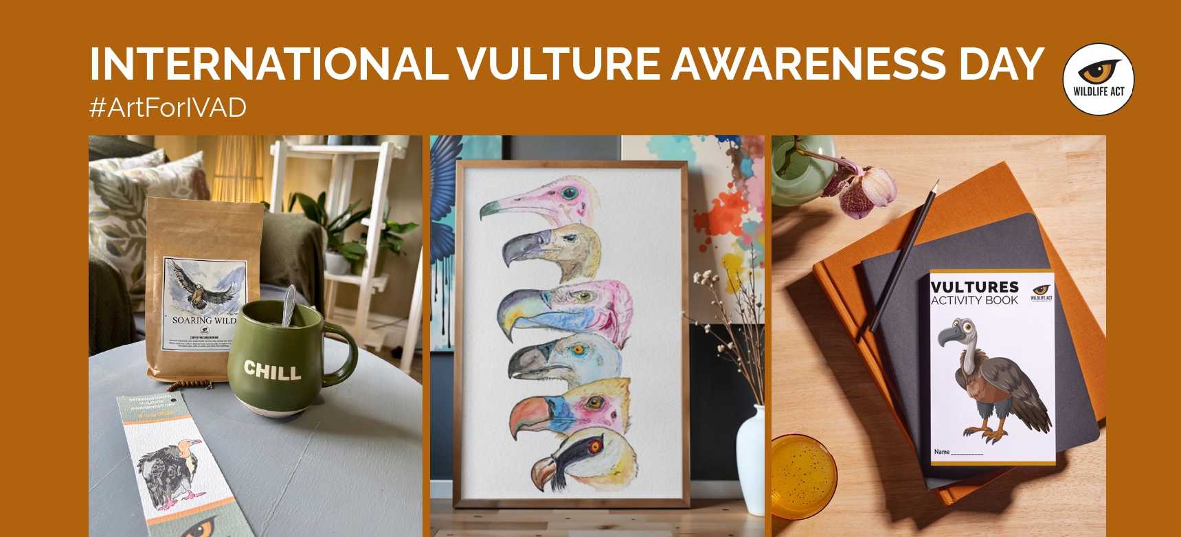 A collage of the Vulture Bookmark Project designs alongside the free digital art print and children's activity booklet gifts.