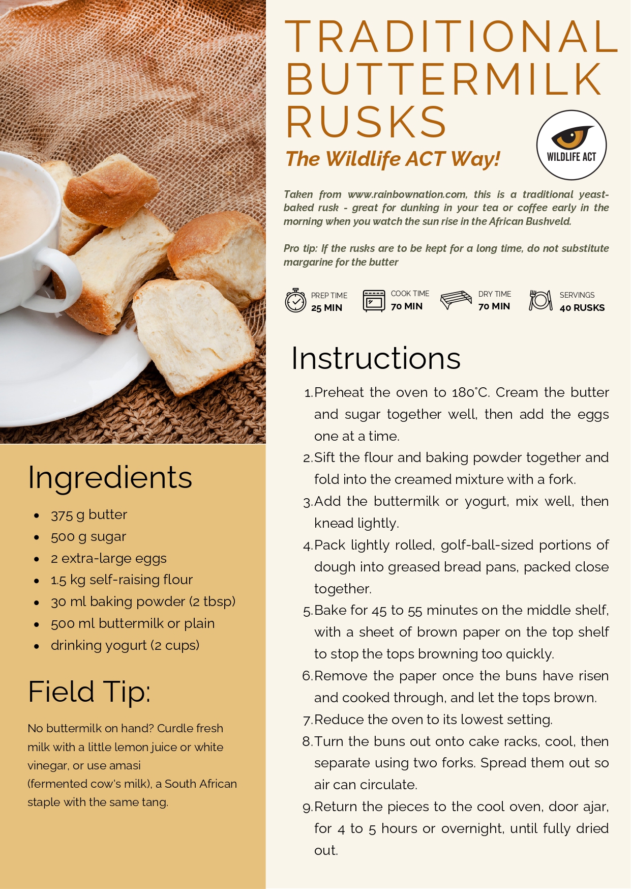 Wildlife ACT recipe card for traditional South African buttermilk rusks, listing ingredients and method.