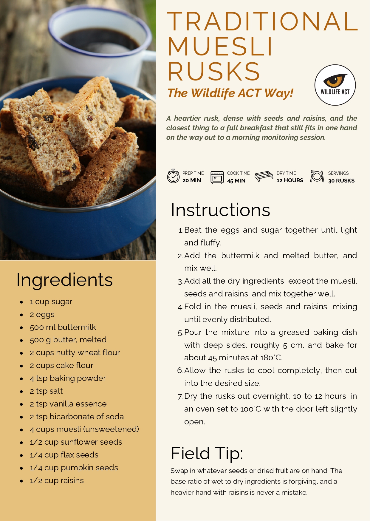 Wildlife ACT recipe card for South African muesli rusks with seeds and dried fruit, listing ingredients and method.