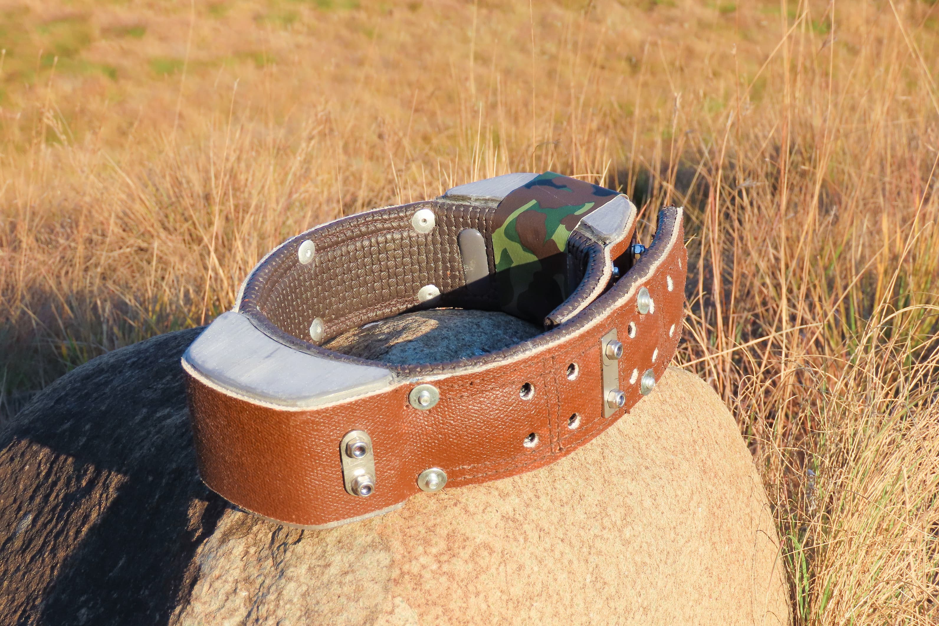 A LoRaWAN-VHF collar with camouflage housing resting on a rock in grassland