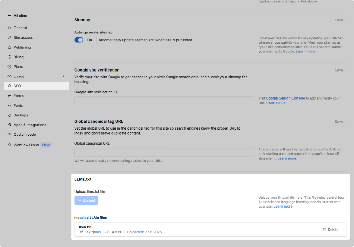Webflow Dashboard mit llm.txt Interface geöffnet