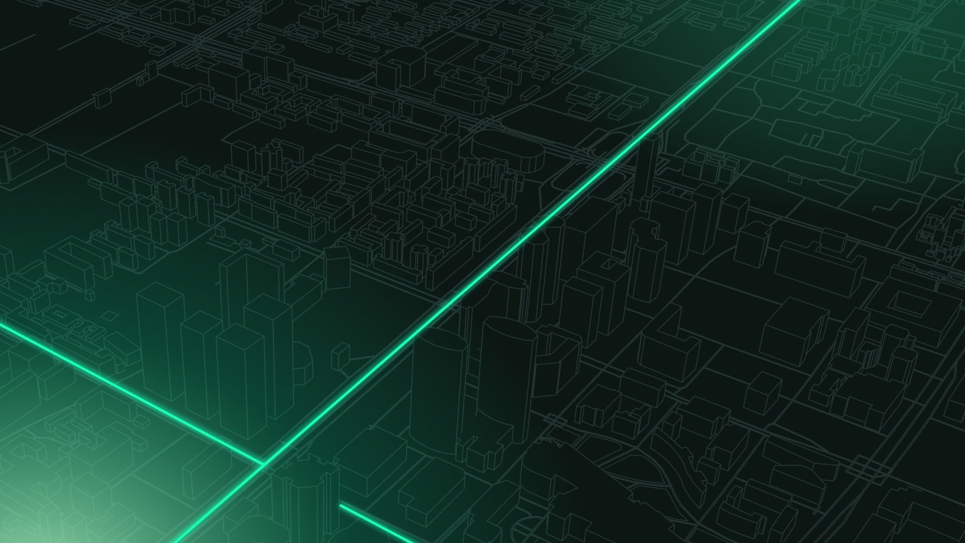 Dark digital city map with glowing green lines highlighting certain streets and buildings.