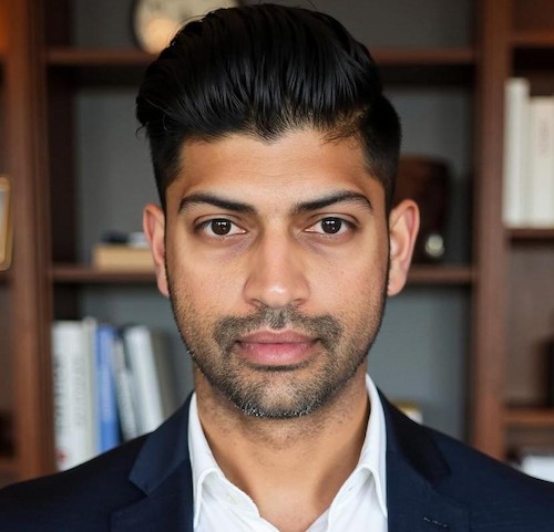 Portrait of a man with dark hair and a trimmed beard in a navy blazer and white shirt, with bookshelves behind.