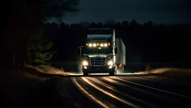 Semi truck drives down dark rural highway at night, headlights shining brightly, hauling trailer through forested landscape under moody skies.