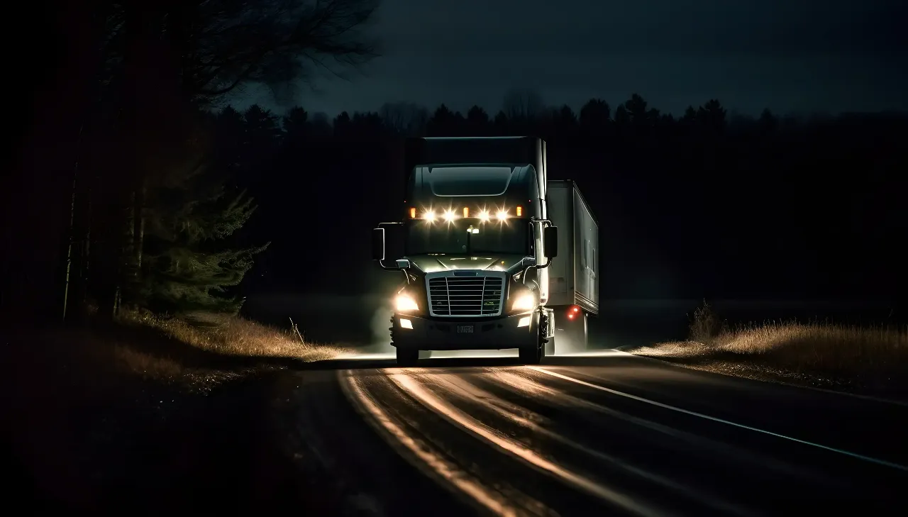 Semi truck drives down dark rural highway at night, headlights shining brightly, hauling trailer through forested landscape under moody skies.