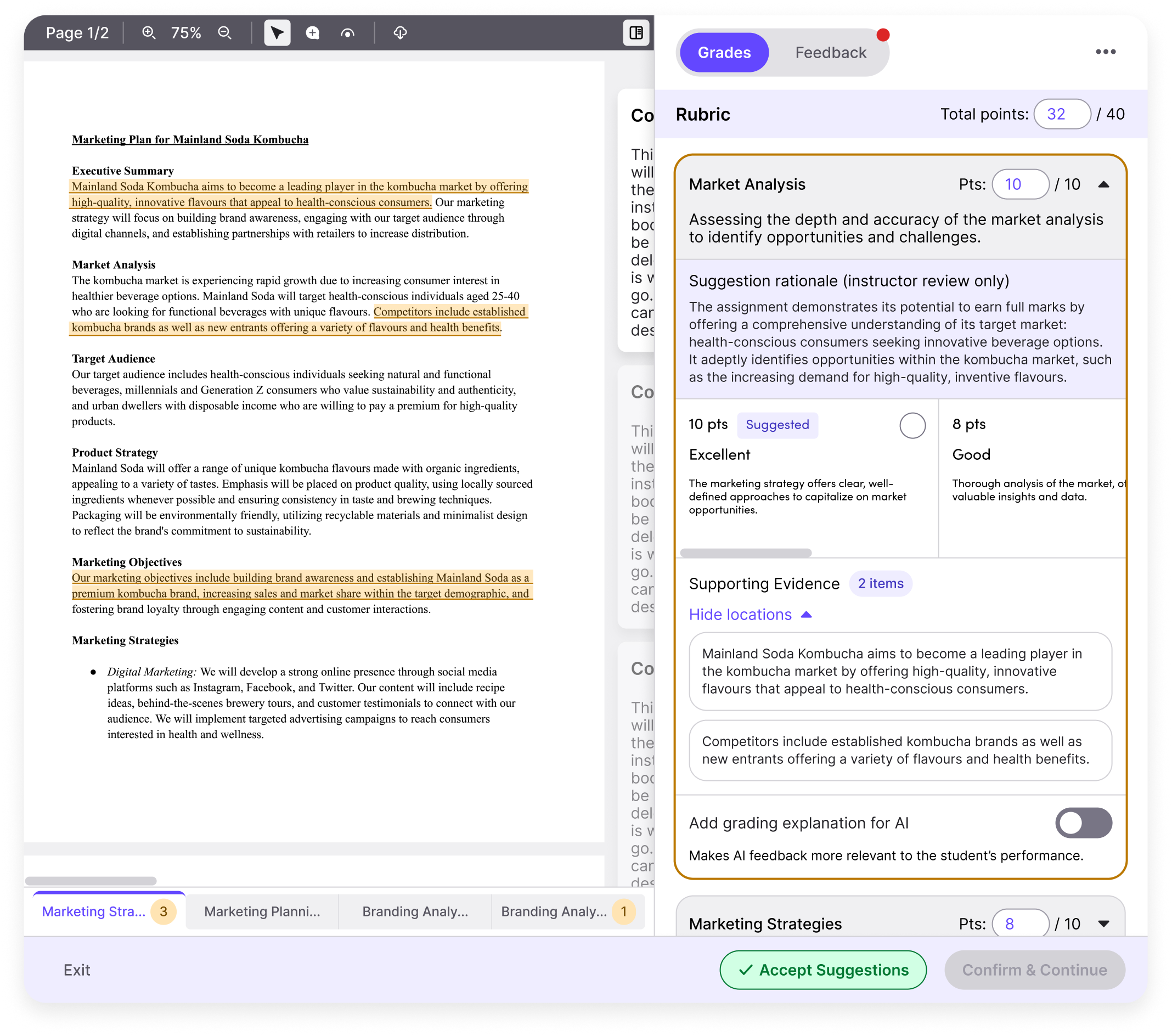 AI-assisted grading showing rubric-based scores across criteria for academic, technical, and video assignments