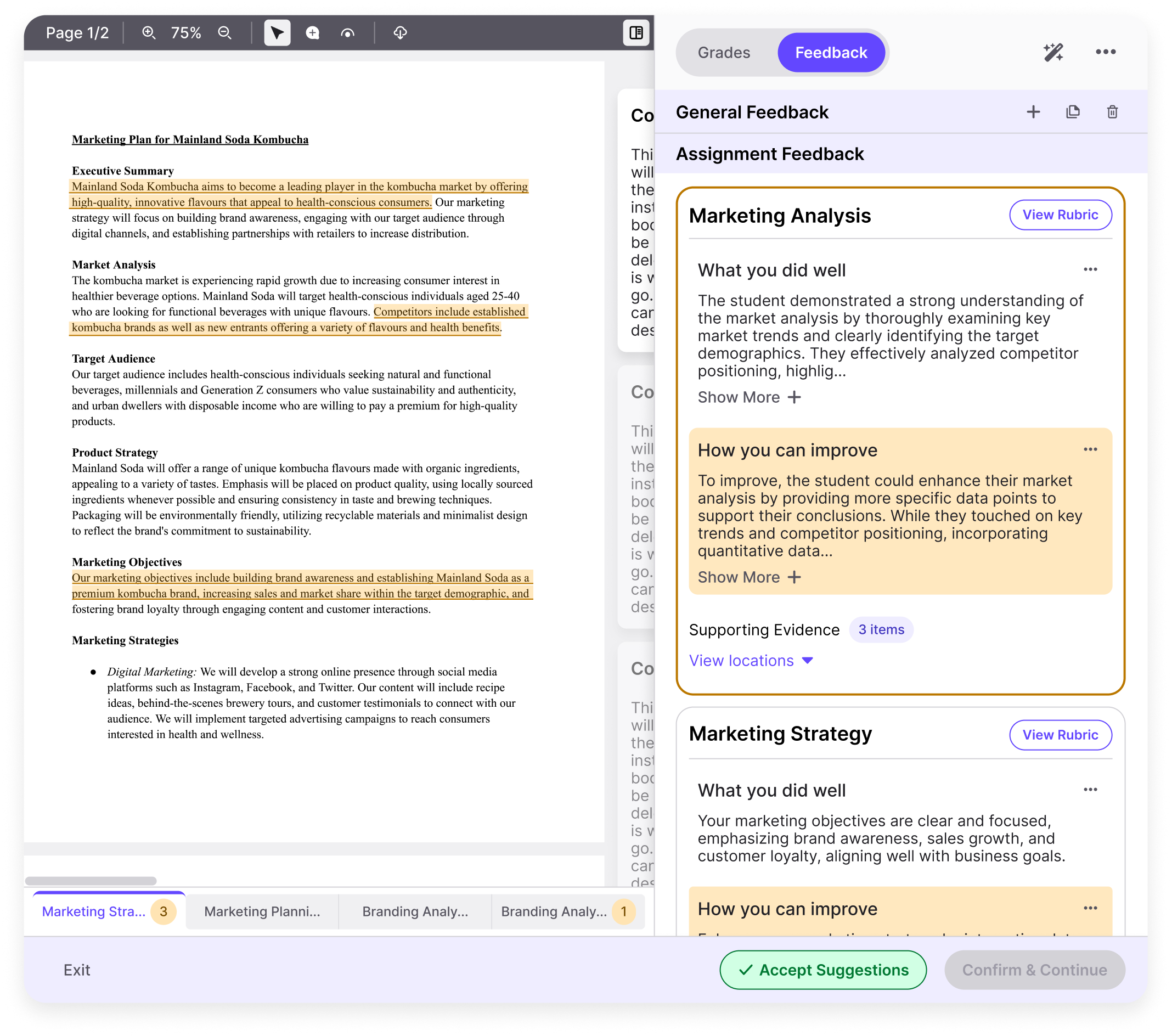 AI-assisted feedback showing personalized, rubric-aligned comments for academic, technical, and video assignments