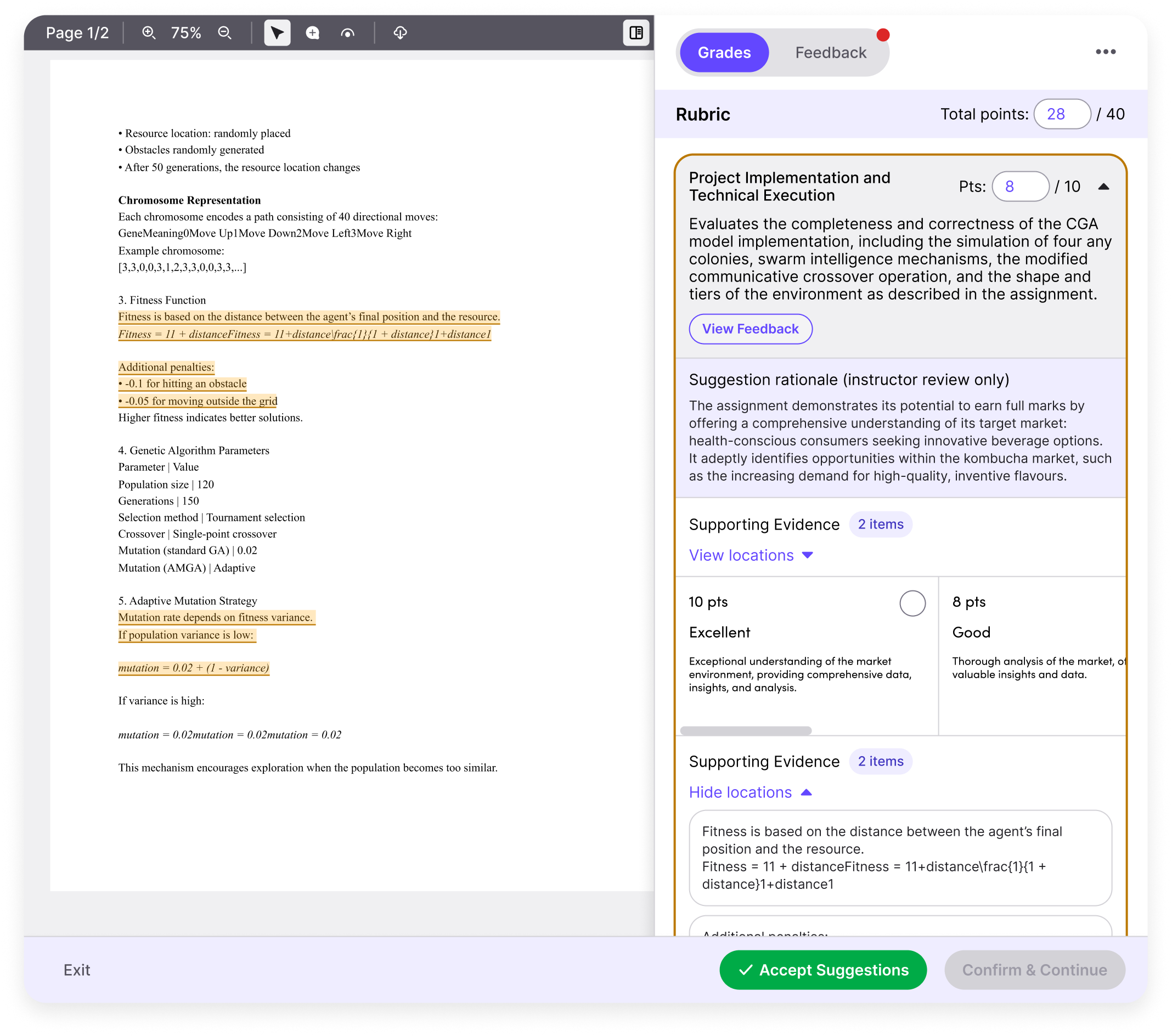 AI-assisted grading showing rubric-based scores across criteria for academic, technical, and video assignments
