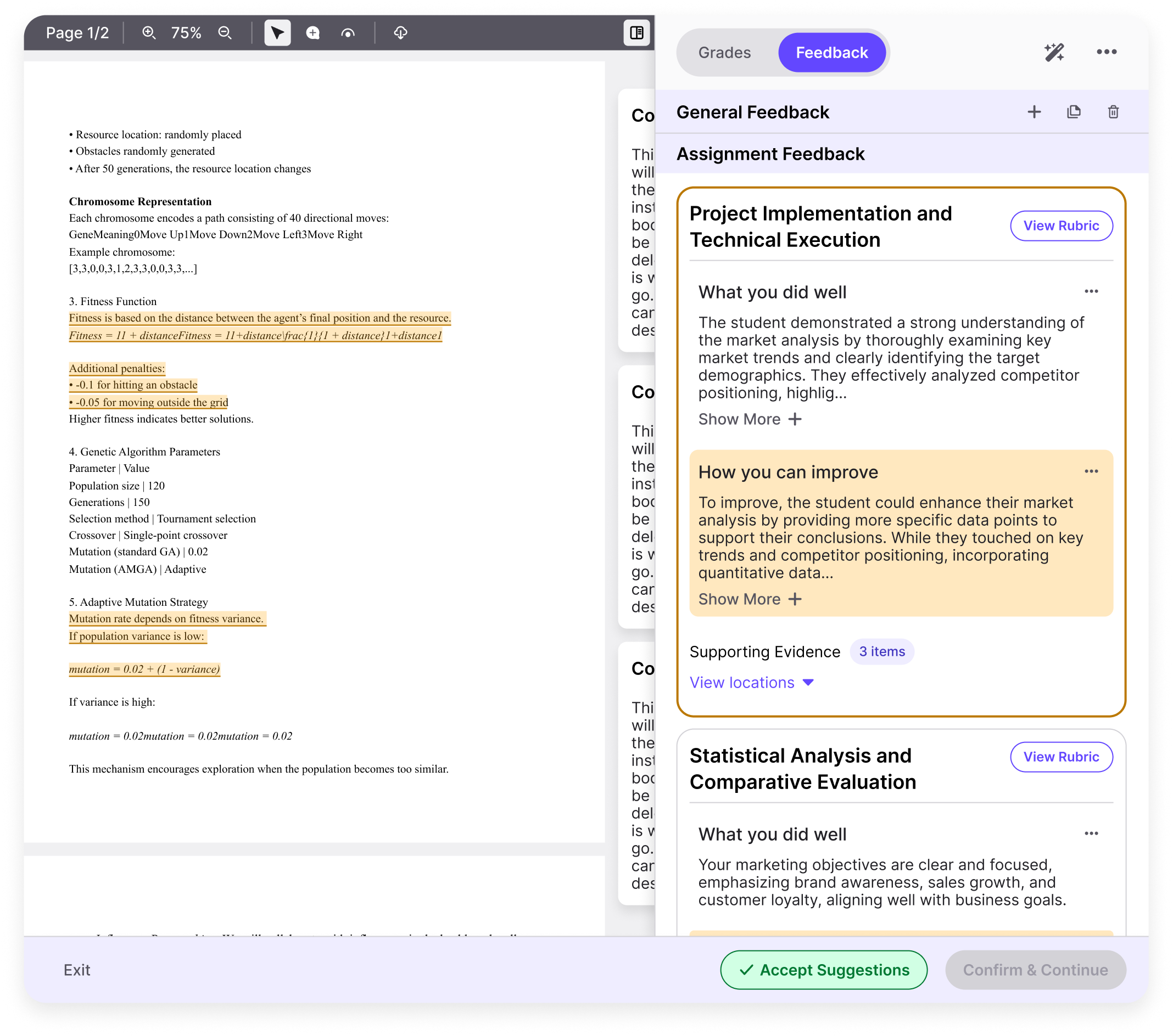 AI-assisted feedback showing personalized, rubric-aligned comments for academic, technical, and video assignments