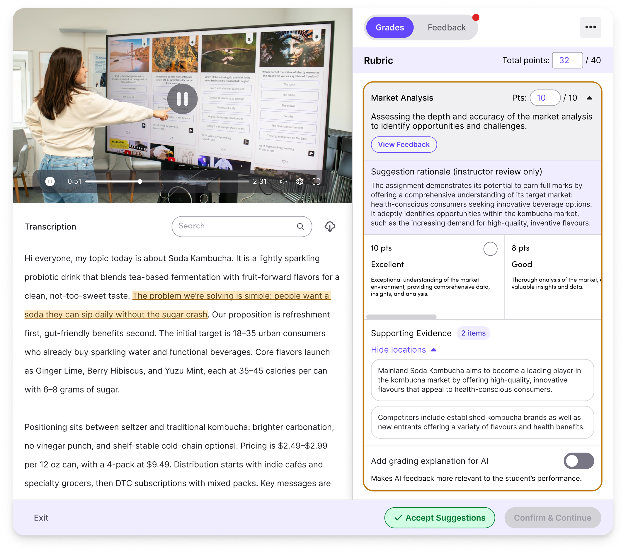 AI-assisted grading showing rubric-based scores across criteria for academic, technical, and video assignments