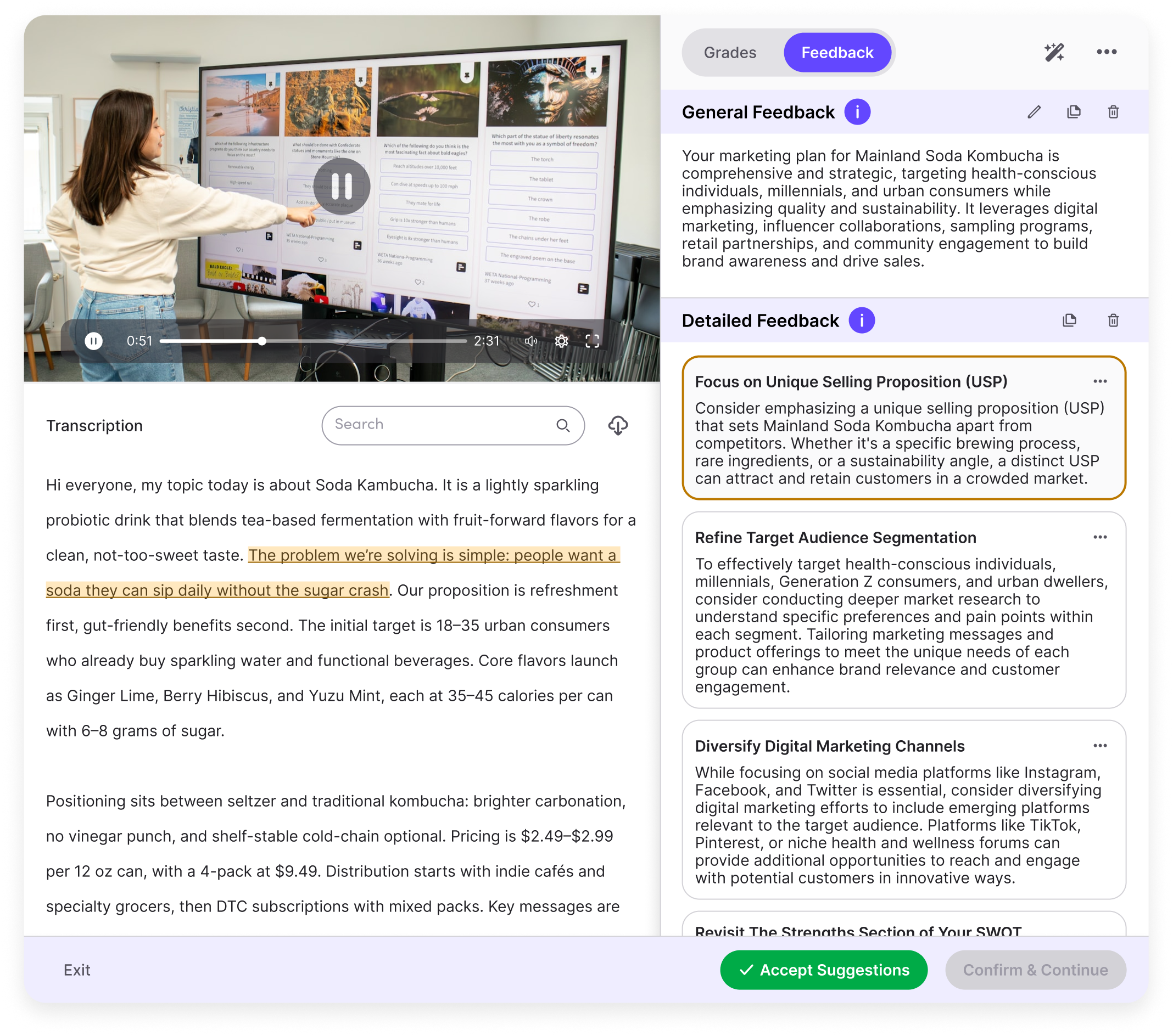 AI-assisted feedback showing personalized, rubric-aligned comments for academic, technical, and video assignments