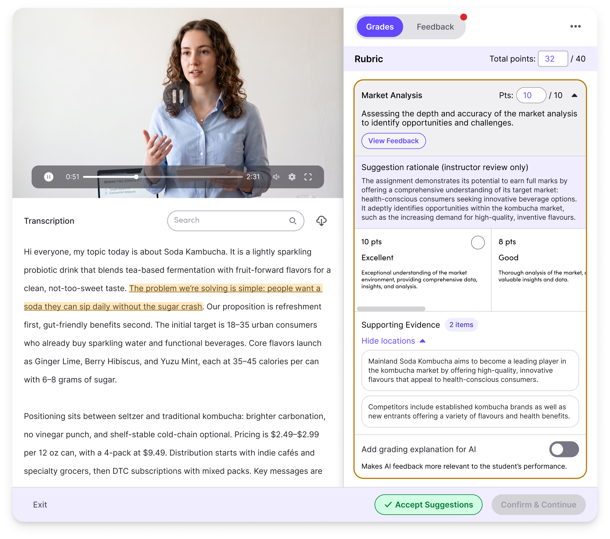 AI-assisted grading showing rubric-based scores across criteria for academic, technical, and video assignments