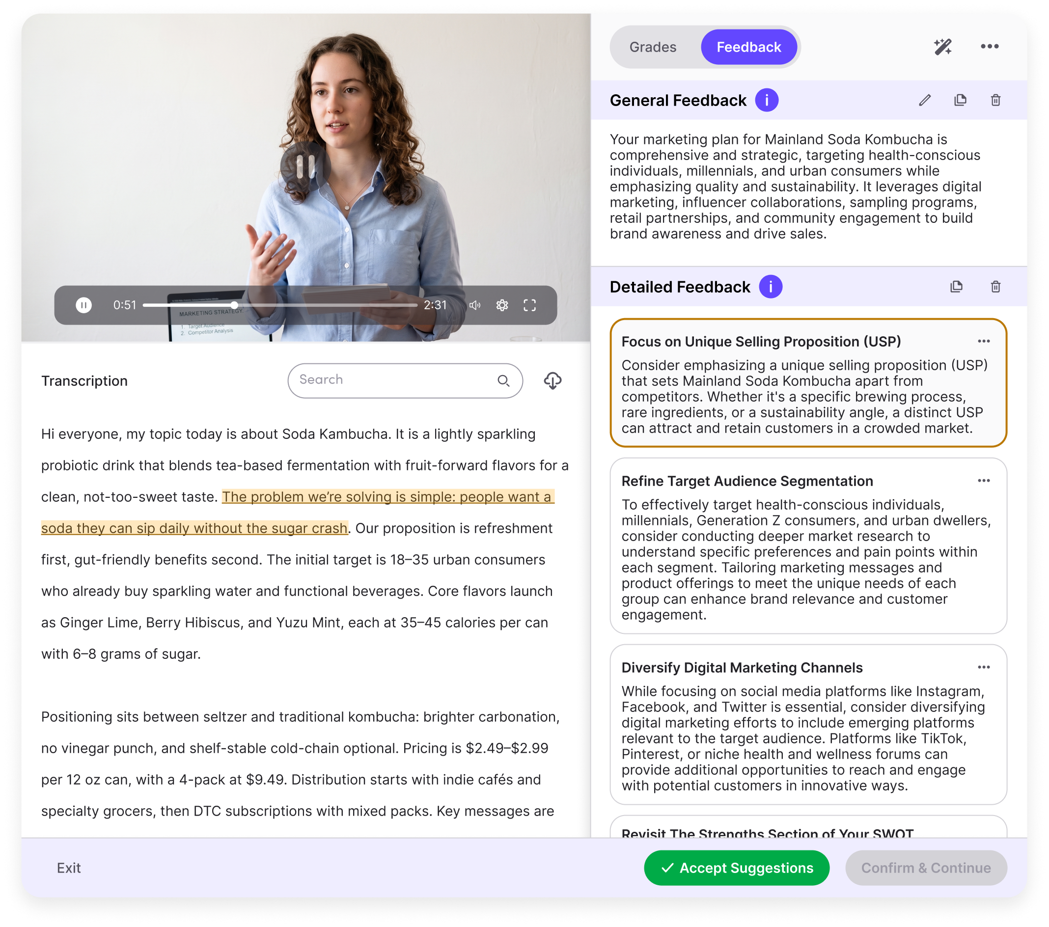 AI-assisted feedback showing personalized, rubric-aligned comments for academic, technical, and video assignments
