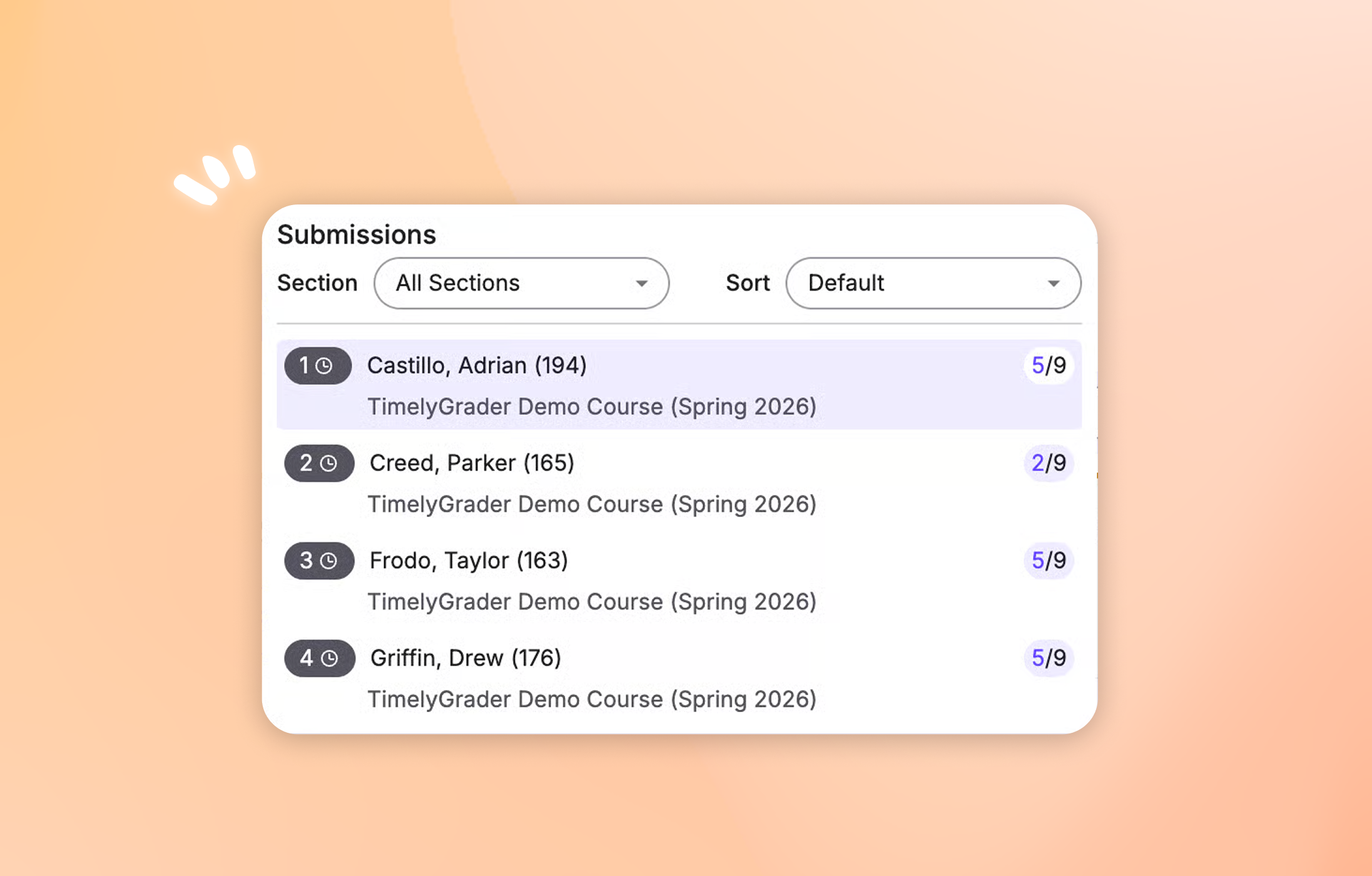 TimelyGrader grading view showing submissions filtered by course section