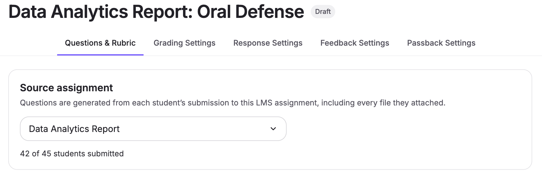 Selecting the source assignment in D2L for oral defence questions