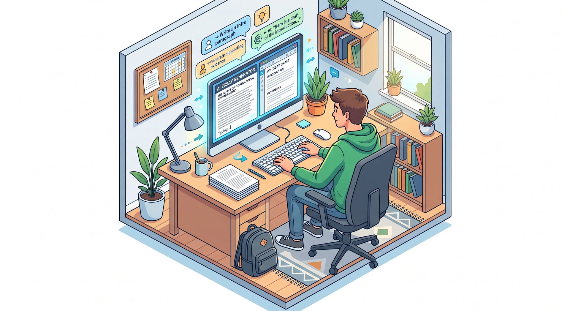 Illustration of a student using an AI essay generator to draft an assignment