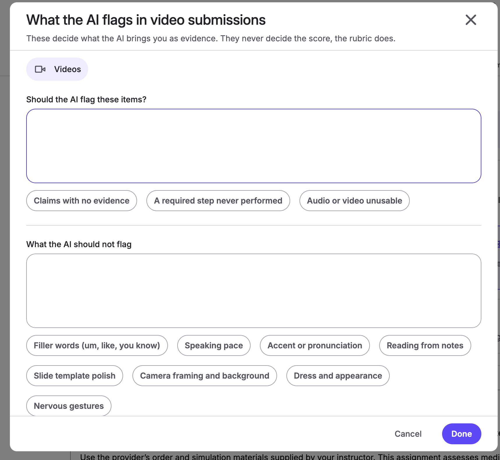 Video-analysis settings with fields for what the AI should and should not flag.