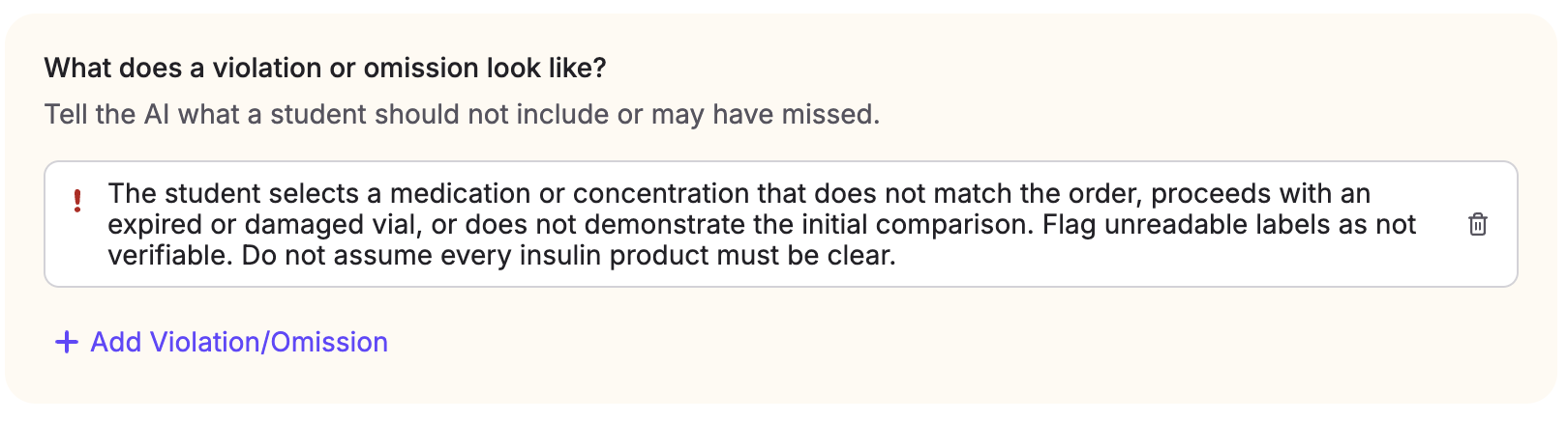 An example violation or omission for initial medication verification.