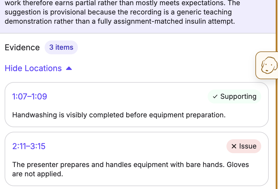The Evidence drop-down listing timestamped Supporting and Issue evidence.