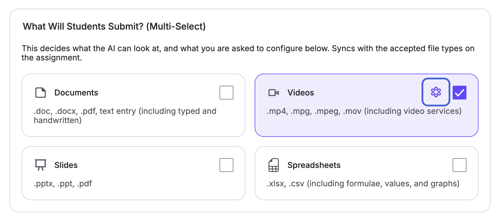 The assignment settings with Videos selected and the gear icon highlighted.