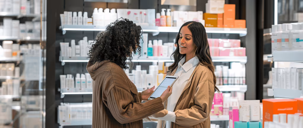 A female with an AI pattern that indicates a skin analysis.