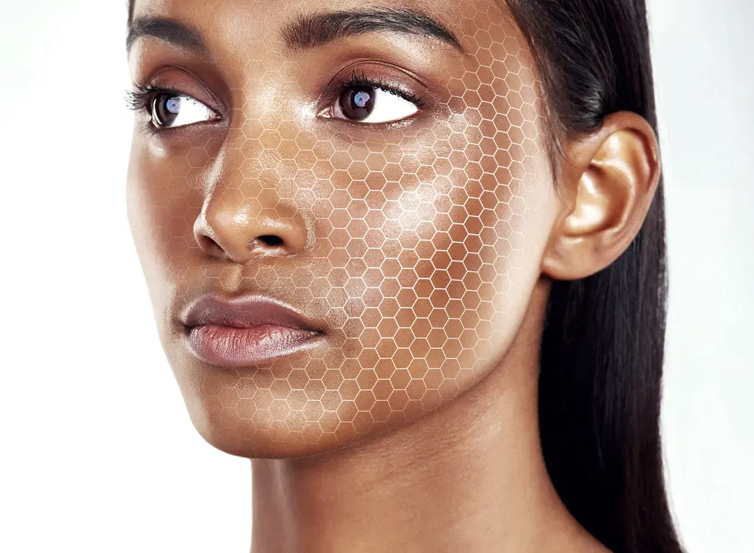 A woman with skin pattern overlay for beauty skin facial analysis.