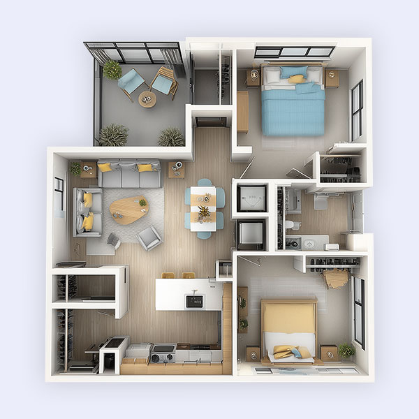 Topdown 3d rendering of modern two bedroom apartment