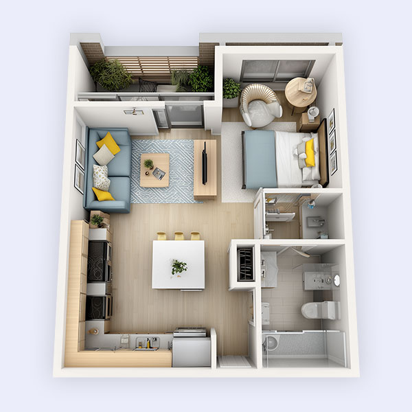 Topdown 3d rendering of modern studio apartment