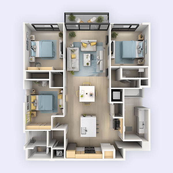 Topdown 3d rendering of modern three bedroom apartment