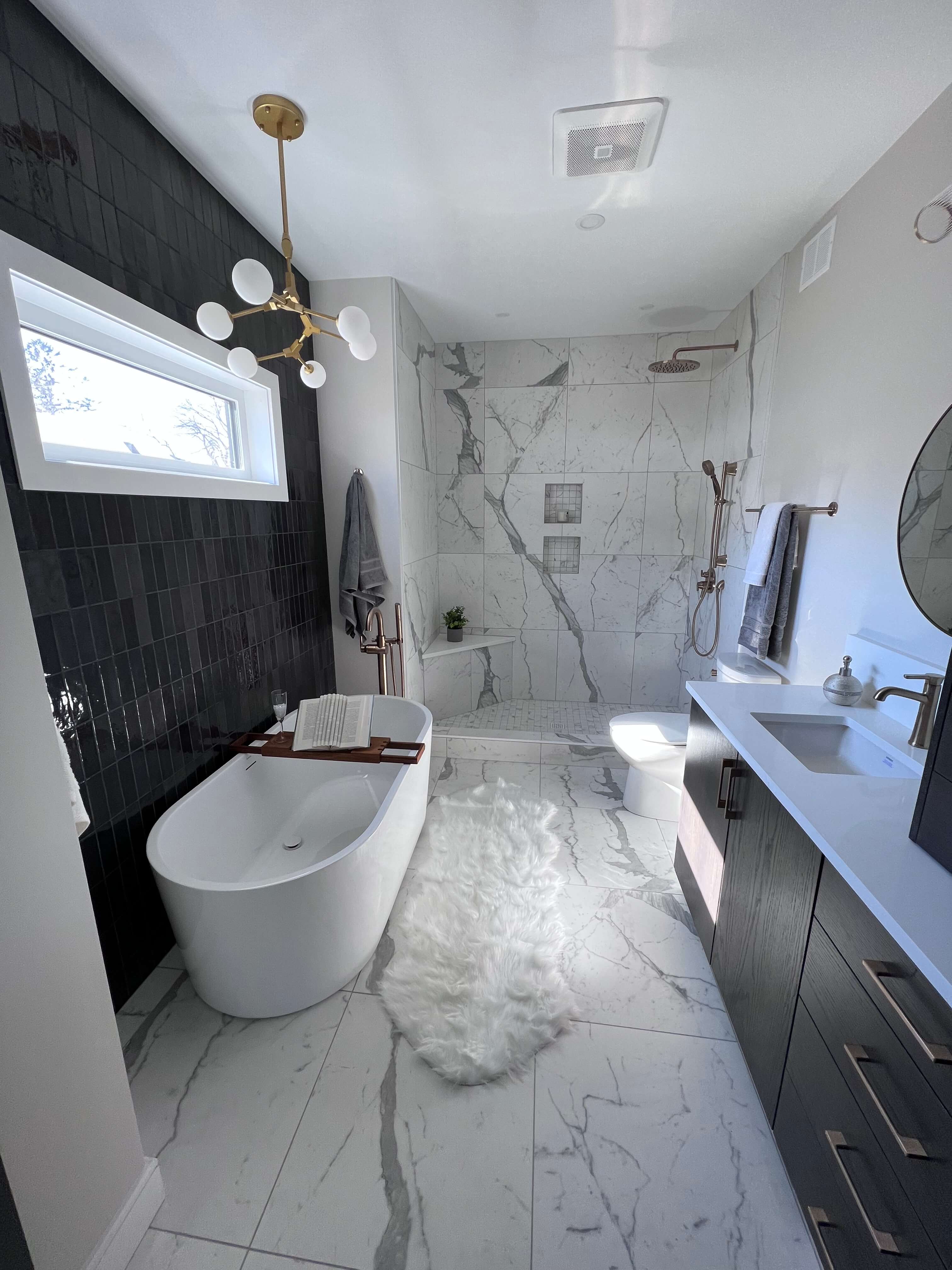 Modern bathroom with patterned tiles in beautiful natural light