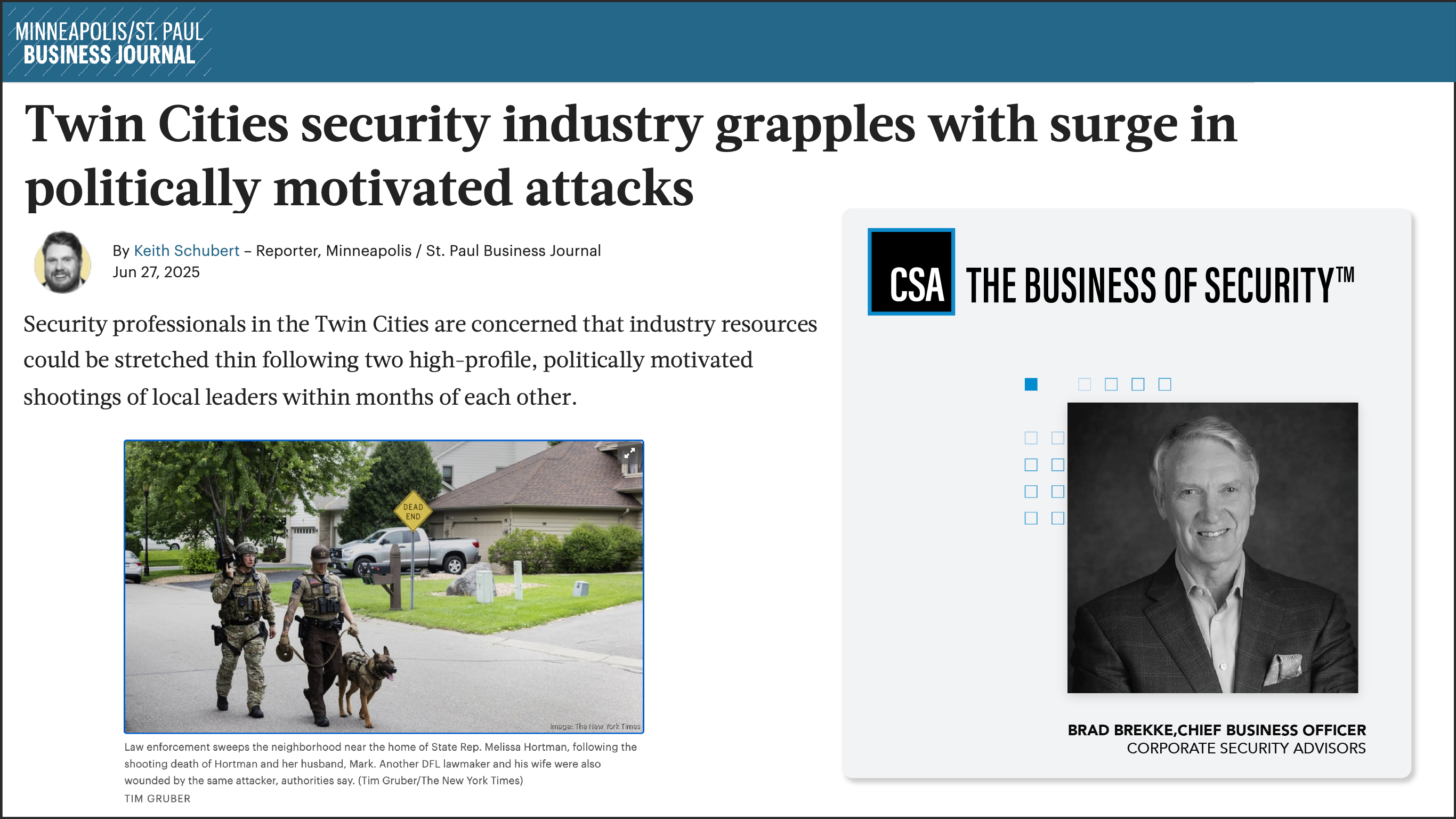 Minneapolis/St. Paul Business Journal article headline with photo of law enforcement officers and K9 unit near crime scene, alongside a feature of Brad Brekke, Chief Business Officer of Corporate Security Advisors, under the banner 'The Business of Security™'.