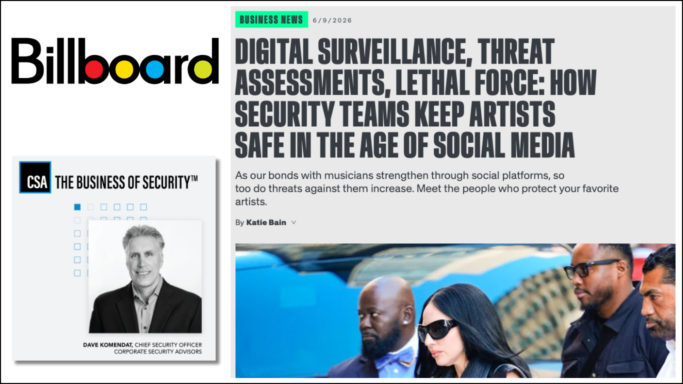 Cover image of Billboard Magazine article featuring Corporate Security Advisors