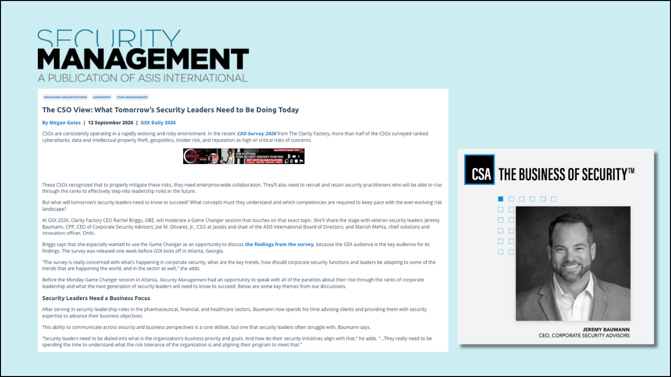 Article in Security Magazine discussing what tomorrow's security leaders need to be prepared for.