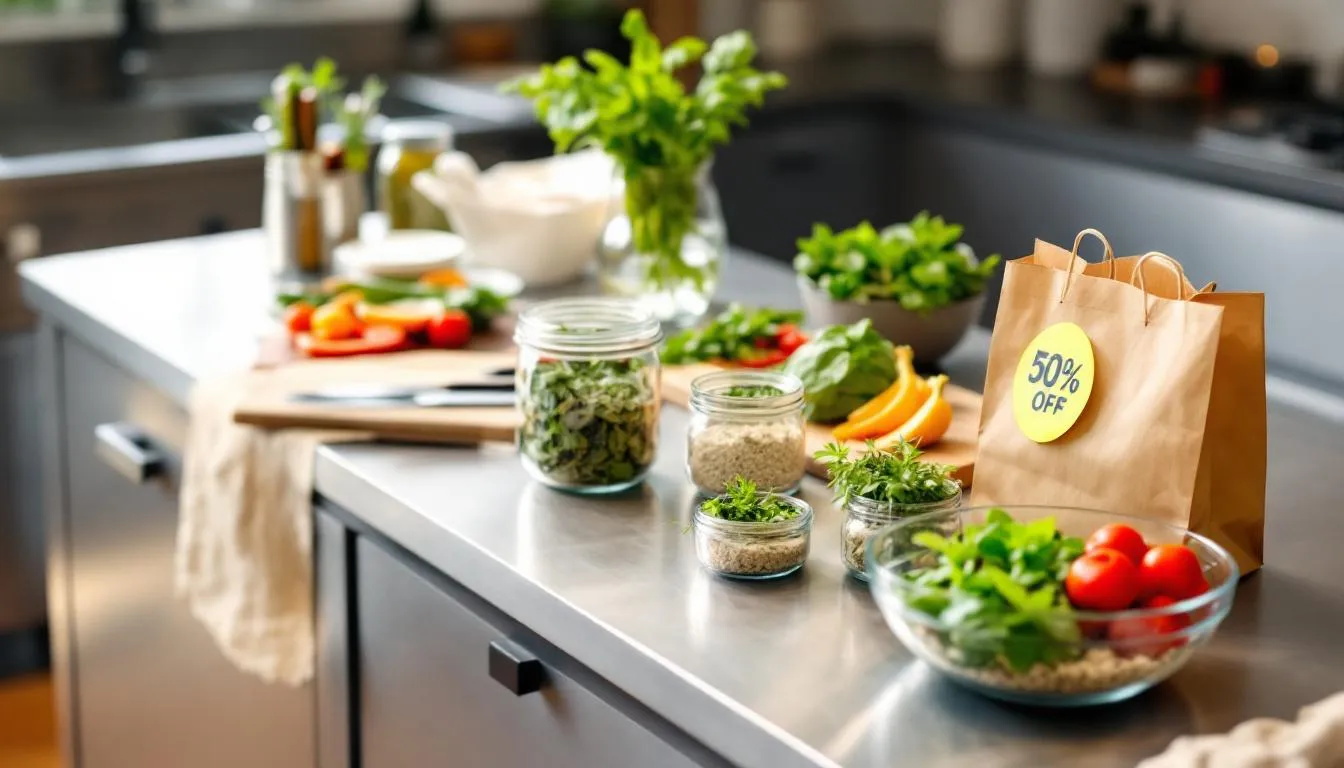 In a bright family kitchen, meal prep containers filled with fresh vegetables, meats, and other ingredients from local grocery deals are neatly arranged on the counter, showcasing the week's savings from frills flyers and promotions. The scene captures the essence of meal preparation while emphasizing the importance of accessing affordable food options in Canada.