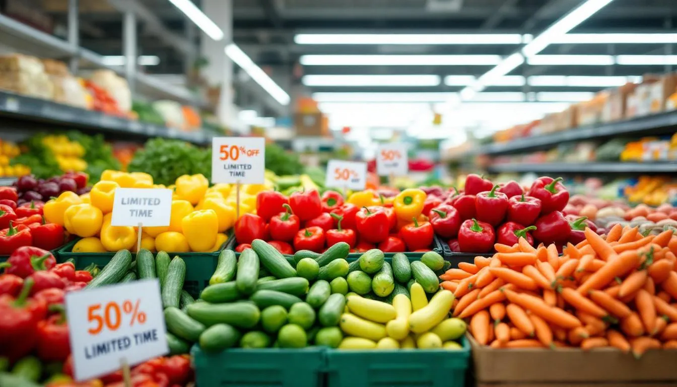 In a vibrant grocery store, the fresh produce section showcases an array of colorful vegetables, with bright sale signs highlighting weekly deals and promotions for local shoppers. This inviting display encourages customers to save money on their purchases while enjoying refreshing foods.