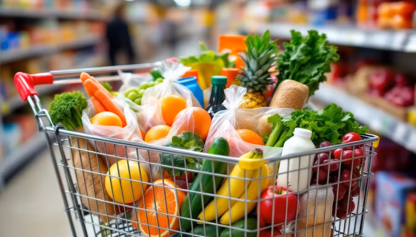 A shopping cart brimming with a variety of grocery items, including fresh fruits and vegetables, dairy products, and deli prepared meals, showcasing the quality and freshness of organic groceries available at the store. This image highlights the convenience of shopping for everyday essentials like bread, meat, and household cleaning supplies in a single visit.