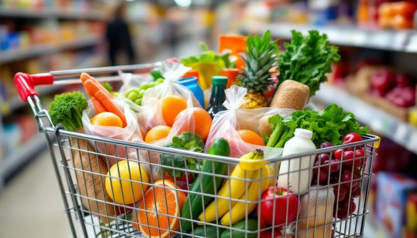 A shopping cart brimming with a variety of grocery items, including fresh fruits and vegetables, dairy products, and deli prepared meals, showcasing the quality and freshness of organic groceries available at the store. This image highlights the convenience of shopping for everyday essentials like bread, meat, and household cleaning supplies in a single visit.