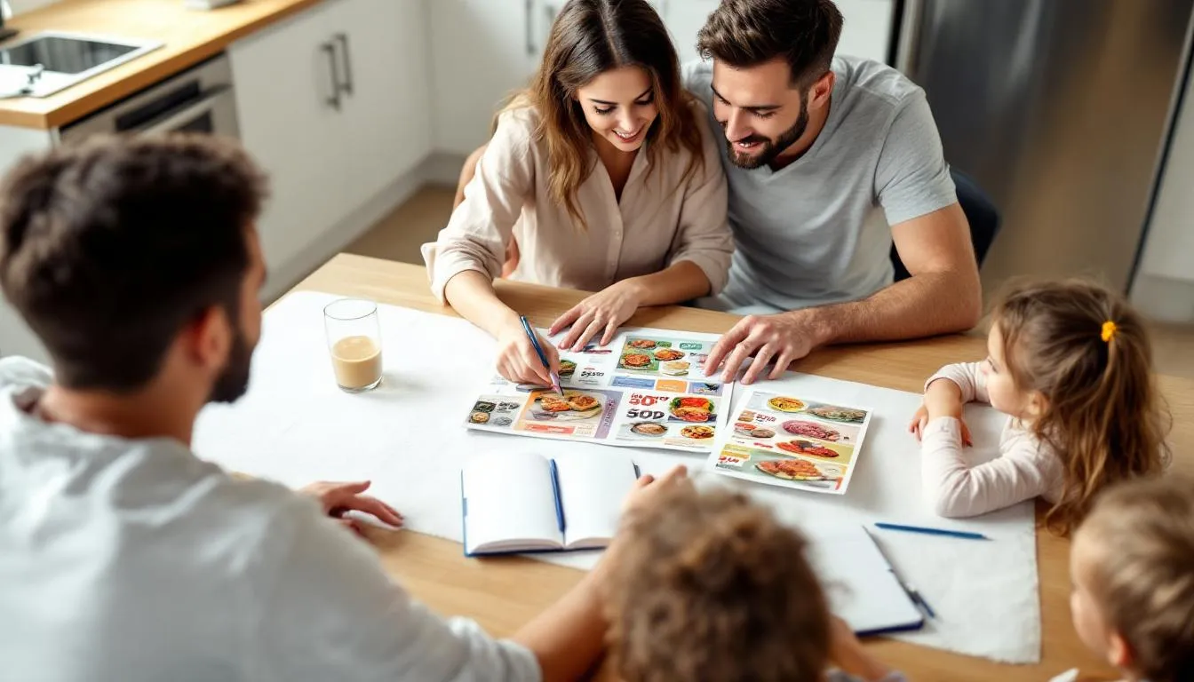 A family is gathered around a table, planning their weekly meals while looking at a grocery store flyer showcasing deals on fresh fruits, vegetables, and deli prepared meals. The scene highlights various options for breakfast, vegan vegetarian food, and quality organic groceries available at the store.