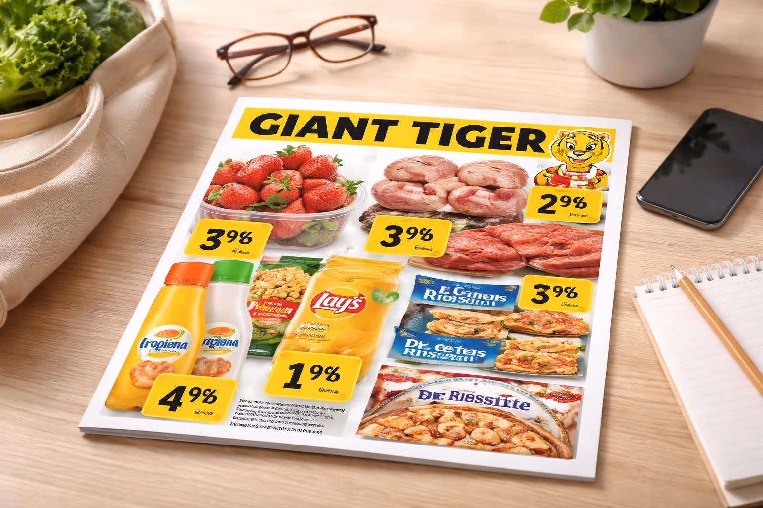 A neatly arranged flyer for Giant Tiger on a wooden table with a reusable shopping bag, reading glasses, and a smartphone nearby.