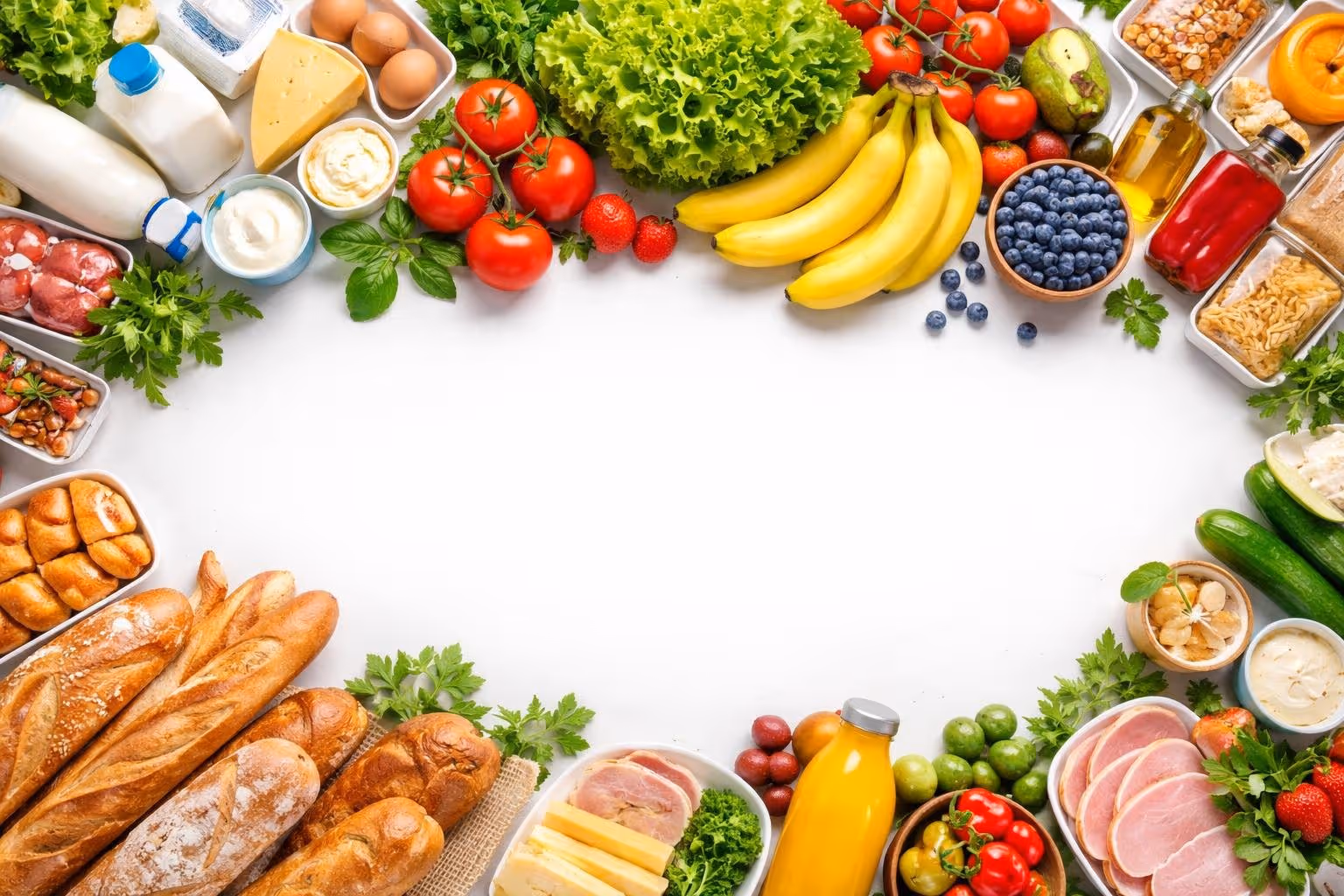 A neatly arranged assortment of fresh fruits, vegetables, dairy, bakery, and packaged grocery items on a clean white background.
