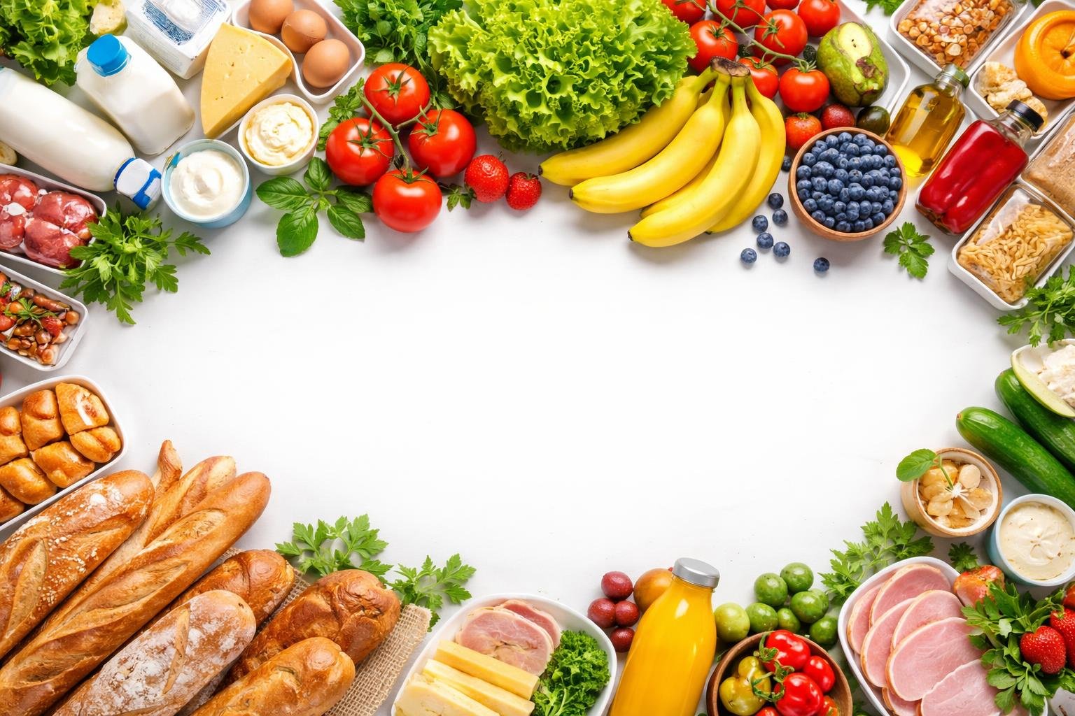 A neatly arranged assortment of fresh fruits, vegetables, dairy, bakery, and packaged grocery items on a clean white background.