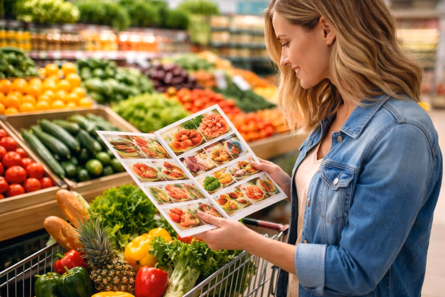A person holding a grocery flyer while shopping in a well-stocked produce section of a grocery store.