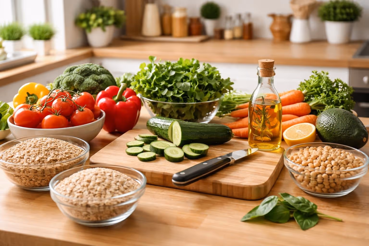 A kitchen countertop with fresh vegetables, whole grains, and cooking ingredients arranged neatly for preparing healthy food.